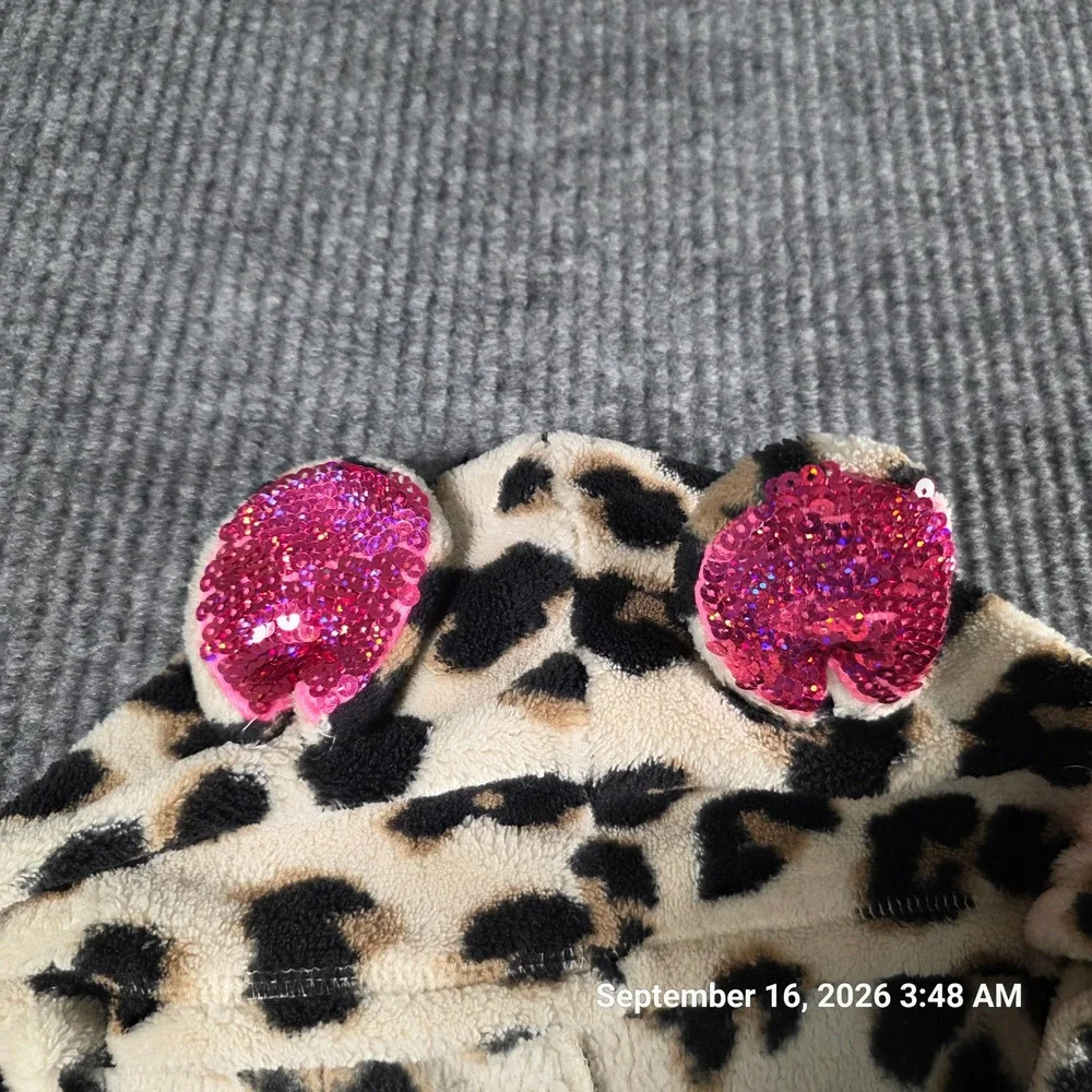 Justice Girls Leopard Print Plush Hooded Robe Pink Sequin Ears Brown Tan 12/14